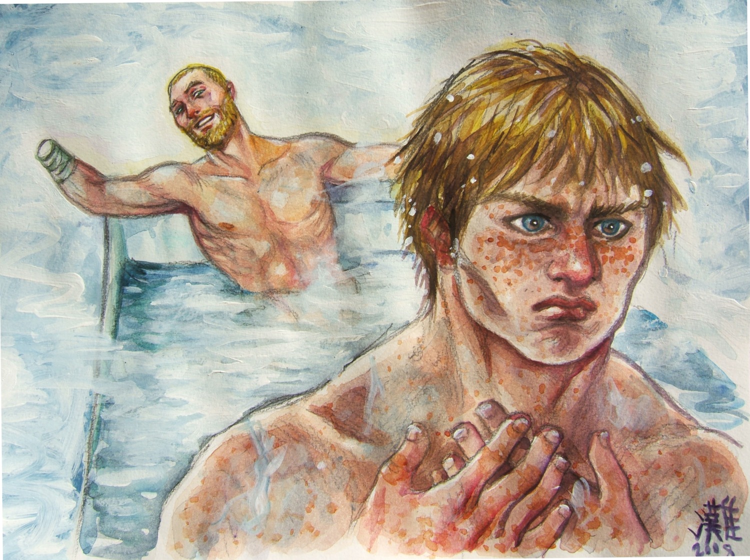 1girls 2d a_song_of_ice_and_fire artist_request bath brienne_of_tarth female freckles game_of_thrones jaime_lannister literature male muscular muscular_female rule34 tagme water
