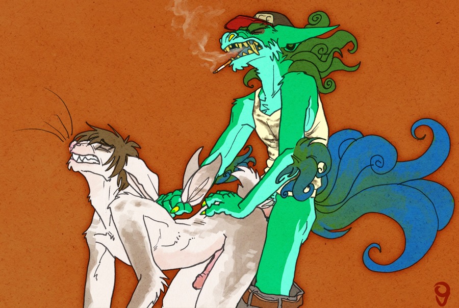 airu all_fours anal anthro anthro_on_anthro anthro_penetrated anthro_penetrating anthro_penetrating_anthro arm_support asian_mythology bent_arm bottomwear bottomwear_down brown_background brown_hair cigarette clenched_teeth clothed clothed/nude clothed_male clothing digital_media_(artwork) dragon duo e621 ear_grab ear_pull east_asian_mythology eastern_dragon erection extended_arm eyes_closed fangs foo_dog forward_arm_support from_behind_position fur genitals grabbing_both_ears green_body green_hair green_scales hair hand_on_ears hat head_back headgear headwear interspecies jake_(airu) lagomorph leporid long_ears long_hair male male/male male_penetrated male_penetrating male_penetrating_male mammal mythological_creature mythological_scalie mythology nude obscured_penetration orange_background pants pants_down partially_clothed penetration penis rabbit rough_sex scales scalie sex shirt simple_background smoking tail tank_top teeth topwear trucker_hat white_body white_fur yellow_teeth