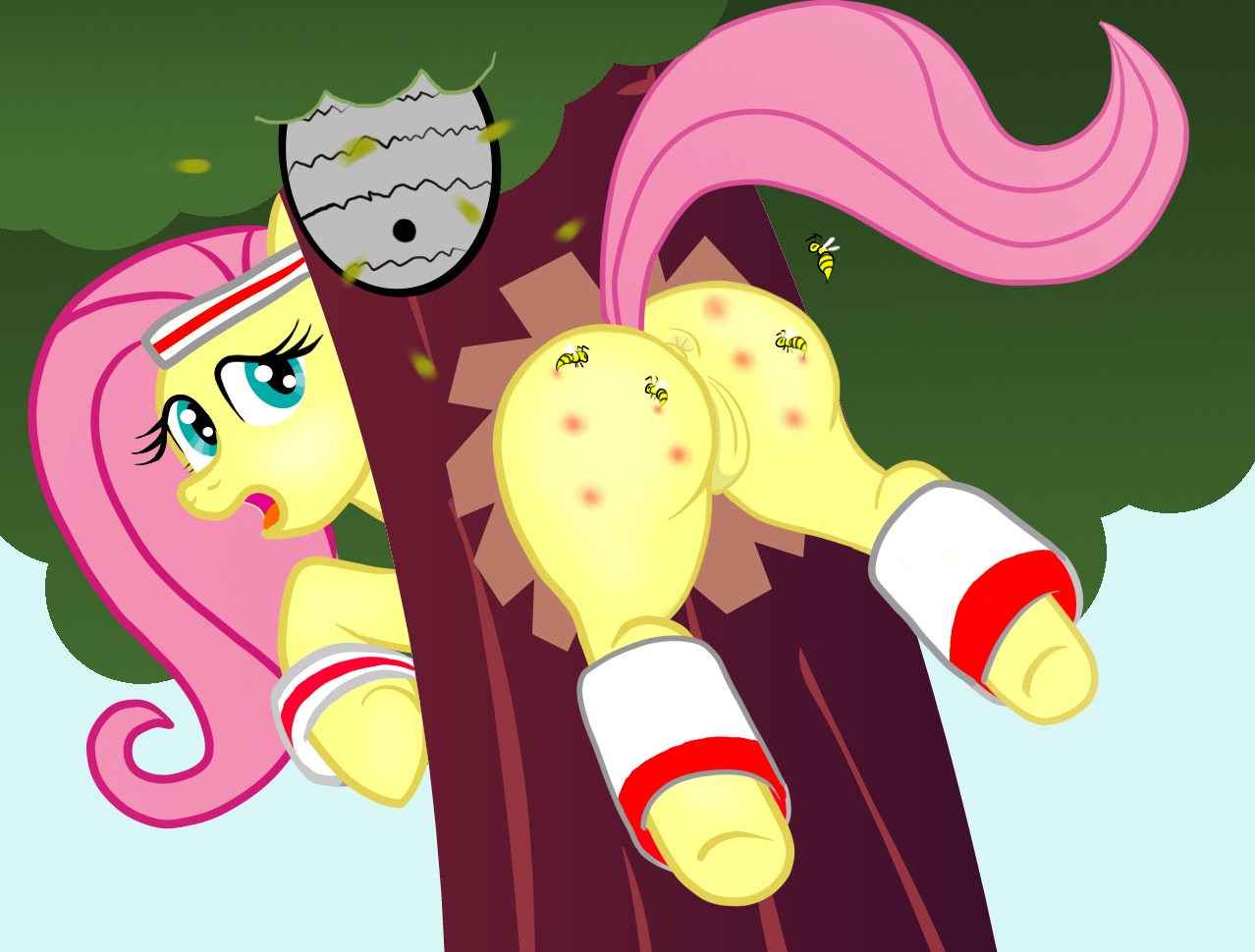 2012 ambiguous_gender anus arthropod bee bee_sting bsting butt e621 equid equine exposed female feral fluttershy_(mlp) friendship_is_magic genitals group hair hasbro horse hymenopteran insect insect_wings mammal my_little_pony pain pony raised_tail reddened_butt size_difference solo_focus sting stuck tail vulva wings