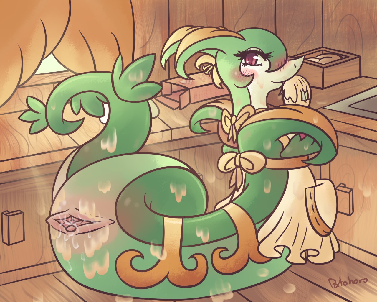 2012 5:4 animal_genitalia apron blush bodily_fluids box clitoris cloaca clothing container curtains e621 eyelashes female feral flower generation_5_pokemon genital_fluids genitals green_body green_skin horizontal_cloaca inside kitchen lethine_cabernet looking_at_viewer nintendo nude patohoro plant pokemon pokemon_(species) purple_eyes reptile scalie serpentine serperior smile snake solo wet window