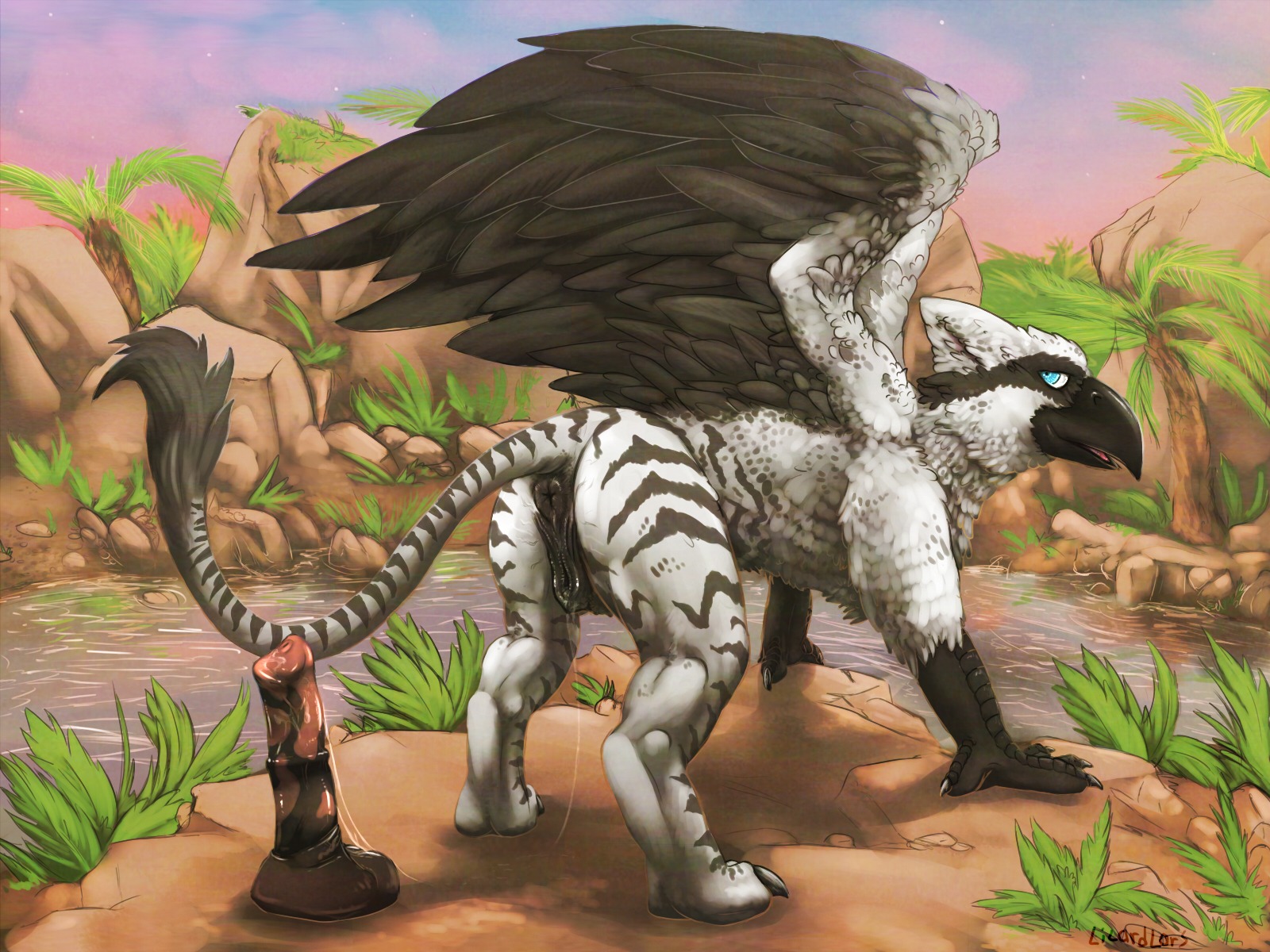 4:3 animal_genitalia animal_vulva anus avian beak blue_eyes bodily_fluids butt ceylon_a'merone detailed_background digital_media_(artwork) dildo e621 equine_genitalia equine_vulva feathered_wings feathers female feral genital_fluids genitals gryphon hi_res lizardlars looking_back mythological_avian mythological_creature mythology outside river sex_toy solo story story_in_description tail vaginal_fluids vulva wings