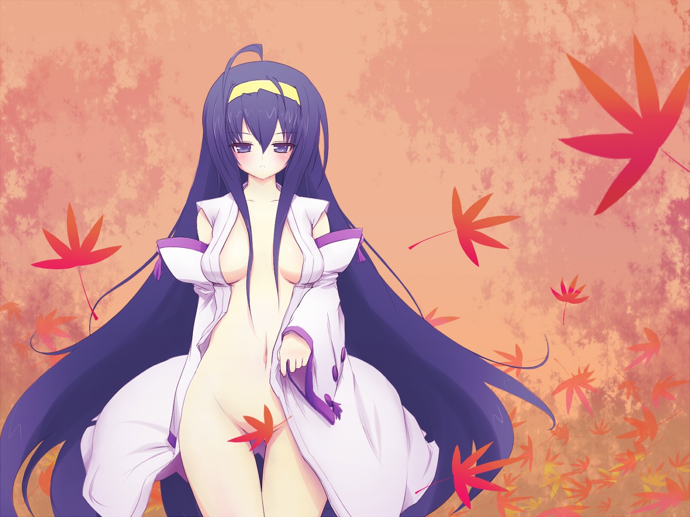 blush breasts censored clothing convenient_censoring female himemiya_chikane japanese_clothes kannazuki_no_miko leaf leaves long_hair nude rule34 takunama
