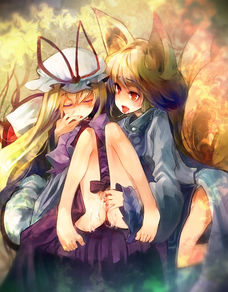 animal_ear barefoot blonde_hair censored closed_eyes feet female fingering fox_ear fox_tail fur hat kneeling mosaic mosaic_censoring multi_tail multiple_females multiple_girls open_mouth pussy pussy_juice ran_yakumo red_eyes rule34 saliva saliva_trail sleep_molestation sleeping tail tails tongue tongue_out touhou ukyo_rst yukari_yakumo yuri