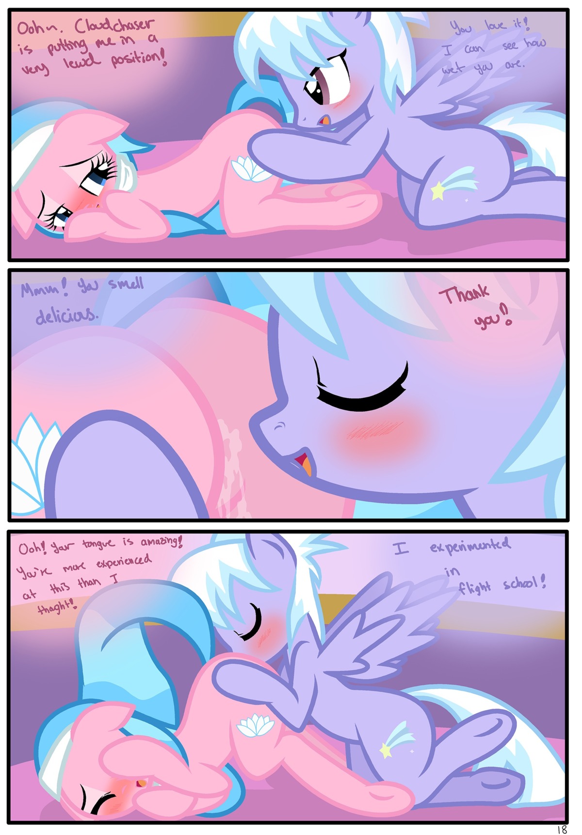 2013 absurd_res aloe_(mlp) blush butt cloud_chaser_(mlp) comic cunnilingus cutie_mark dialogue duo e621 earth_pony english_text equid equine feathered_wings feathers female female/female feral friendship_is_magic hasbro hi_res horse lotus_(mlp) mammal my_little_pony mythological_creature mythological_equine mythology oral pegasus pony purple_body purple_feathers pyruvate sex tail text vaginal wing_boner wings
