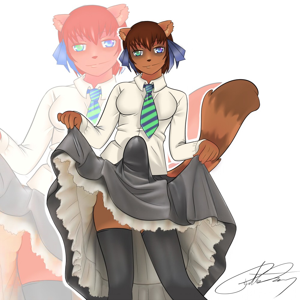 1:1 accessory anthro bottomwear breasts bulge clothed clothing clothing_lift e621 erection erection_under_clothing genitals gynomorph heterochromia intersex legwear mammal necktie nitzleplick penis procyonid raccoon skirt skirt_lift solo stockings tail tenting zoom_layer