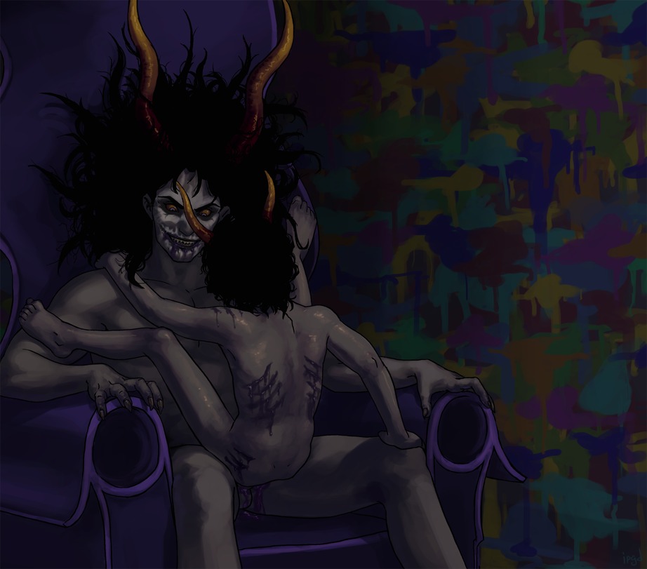 2boys anal ancestor_(homestuck) ancestors black_hair blood chair cum facepaint gamzee_makara gay grand_highblood grey_eyes grey_skin homestuck horns i_punch_gay_deer long_hair male male_only ms_paint_adventures naked penis rule34 scratches sharp_teeth size_difference source_request troll