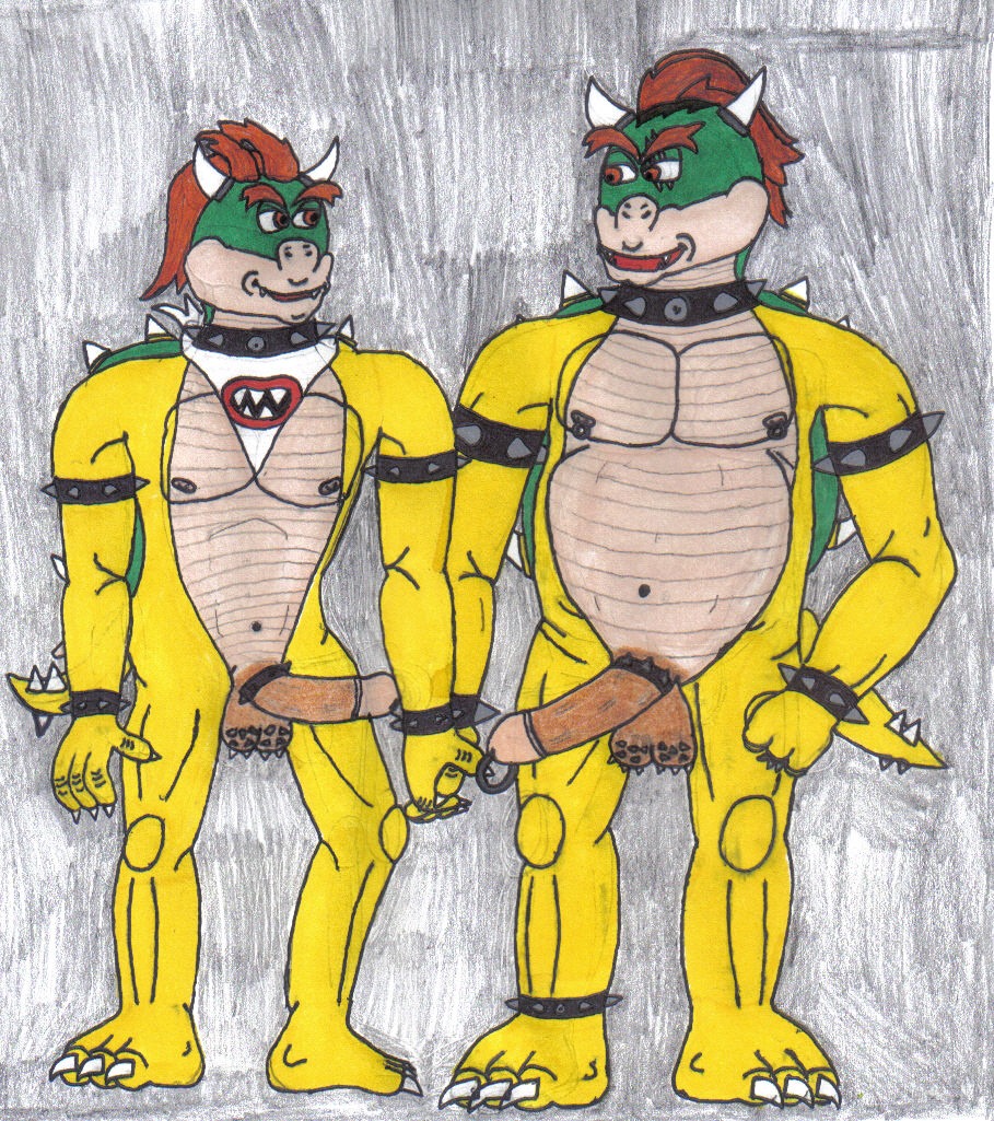 2boys anthro artist_request balls bowser bowser_jr. bracelet claws cock_ring fangs holding_hands koopa male male_only mario_(series) navel nintendo nipples nude penis piercing rule34 scalie sketch solo spikes standing straight_hair testicles