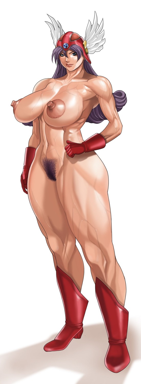abs blue_eyes boots breasts double_h dragon_quest dragon_quest_iii female female_only gloves hat helmet high_res huge_breasts human knees large_breasts large_nipples lips long_hair muscles muscular muscular_female nipples nude oppai pubic_hair purple_hair rule34 smile soldier_(dq3) solo sword thick_thighs weapon white_background