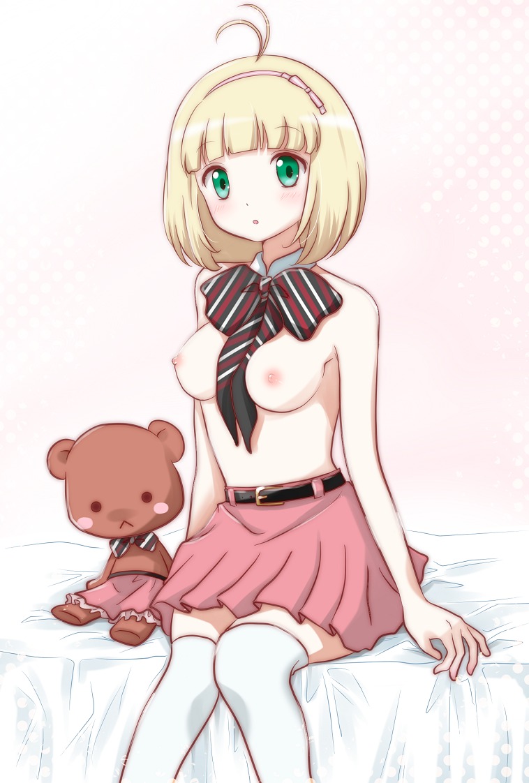 1girls ao_no_exorcist blush breasts female female_only moriyama_shiemi nipples pointy_chin ribbon rule34 solo thighhighs topless white_thighhighs