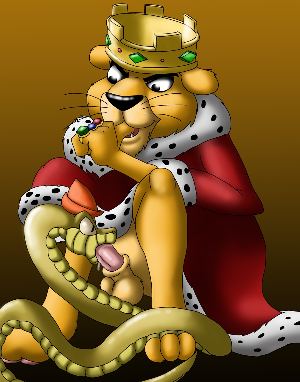 2boys anthro cobra_mcjingleballs disney feline fellatio interspecies lion male male_only prince_john reptile robin_hood_(disney) rule34 sir_hiss snake tagme yaoi