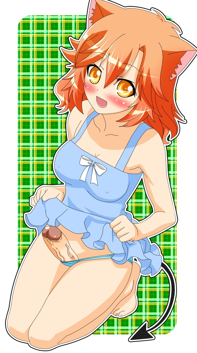 1futa animal_ears barefoot blue_dress blue_panties blush cat_ears cat_girl catgirl dress erect_nipples erection female futa_only futa_sans_balls futanari hair high_resolution intersex kneeling nipples open_mouth orange_eyes orange_hair panties penis ribbon rule34 short_hair skirt skirt_lift solo solo_futa sundress tail uncensored underwear veins veiny_penis white_ribbon