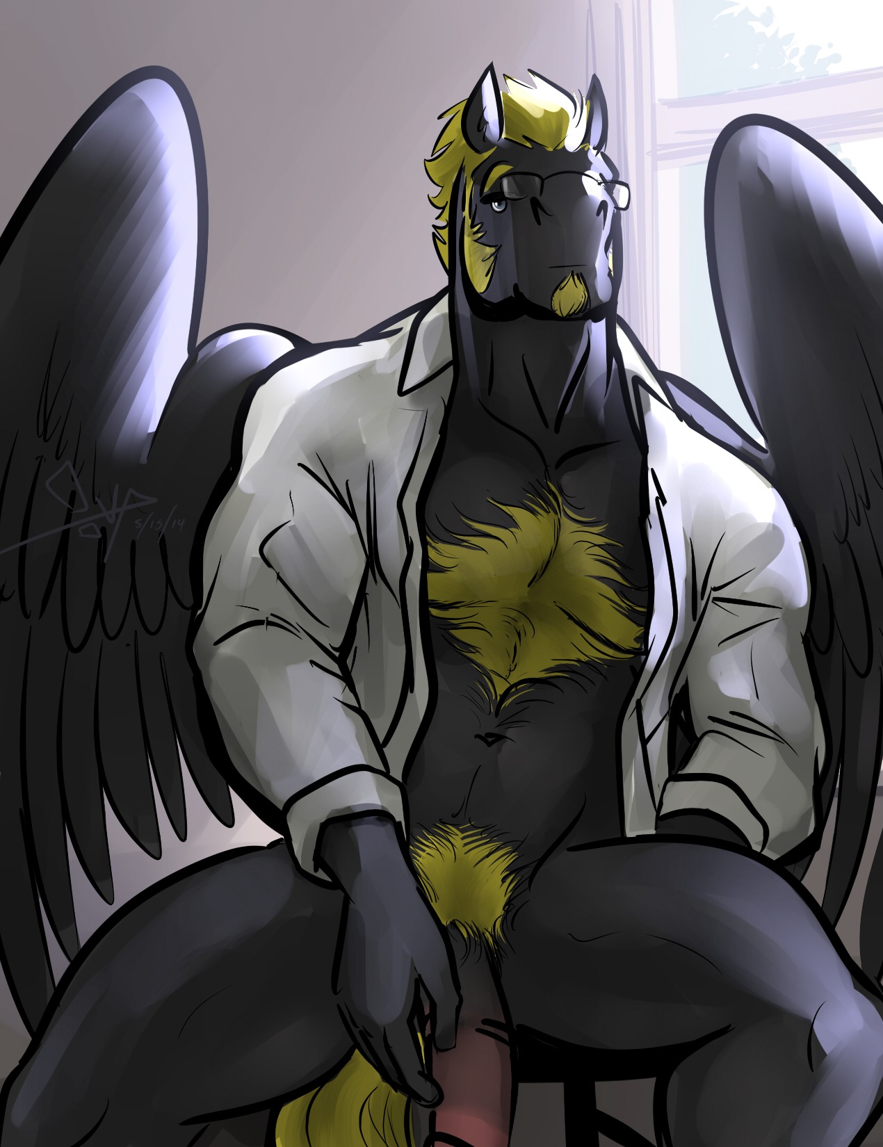 2014 anthro bgn big_penis biped black_body black_fur blonde_hair body_hair bottomless chest_hair clothed clothing digital_media_(artwork) e621 equid equine eyewear feathered_wings feathers flaccid fur genitals glasses hair hi_res male mammal mythological_creature mythological_equine mythology open_clothing open_shirt open_topwear pegasus penis ponyx pubes shirt sitting solo topwear wings