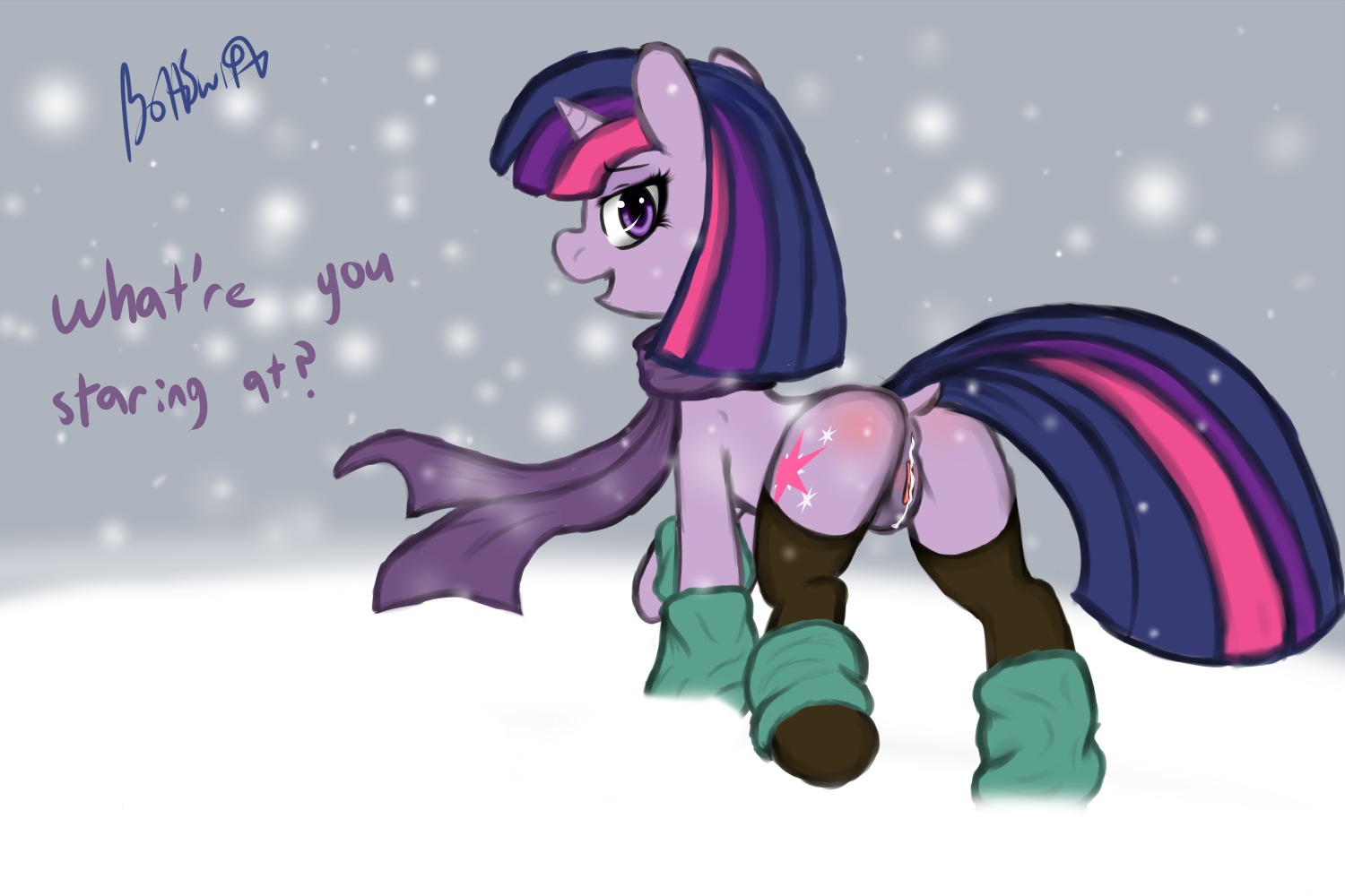 3:2 after_sex anus bodily_fluids boltswift butt clothing cum cum_in_ass cum_inside e621 equid equine female feral friendship_is_magic fur genital_fluids genitals hair hasbro horn leg_warmers legwear looking_back mammal multicolored_hair my_little_pony mythological_creature mythological_equine mythology outside purple_body purple_fur purple_hair scarf snow solo stockings twilight_sparkle_(mlp) two_tone_hair unicorn vulva