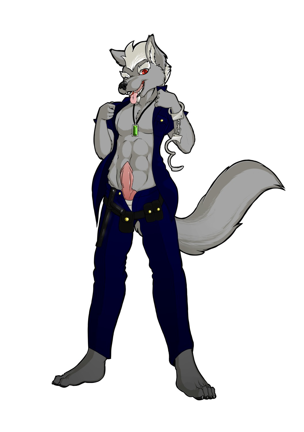 4_toes abs absurd_res acethebigbadwolf acethebigbadwolf_(fursona) anthro beard belt biped canid canine canis clothed clothing club_(weapon) cuff_(restraint) digital_media_(artwork) e621 erection eyebrows facial_hair feet front_view full-length_portrait fur genitals hair handcuffs hi_res jewelry knot looking_at_viewer male mammal melee_weapon metal_cuffs necklace nightstick one_eye_closed open_clothing open_mouth open_shirt open_topwear partially_clothed penis pinup police police_officer police_uniform portrait pose presenting red_eyes restraints shackles shirt simple_background sketch smile solo standing teeth toes tongue tongue_out topwear uniform weapon white_background white_eyebrows white_hair wink wolf