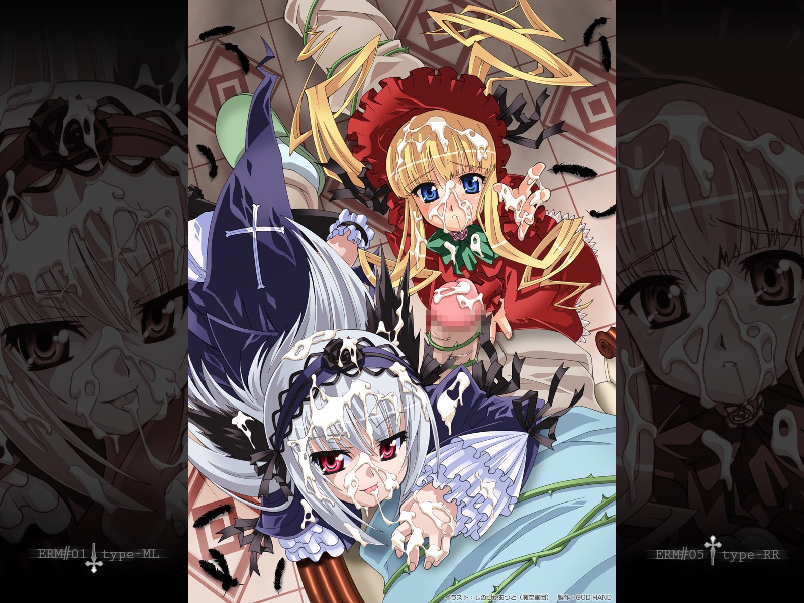 blonde_hair blue_eyes blush censored cum cum_on_clothes cum_on_hair dress facial female god_hand_(artist) gothic_lolita hairband highres lolita_fashion long_hair male multiple_females multiple_girls penis purple_eyes rozen_maiden rule34 shinku silver_hair suigintou wallpaper white_hair wings