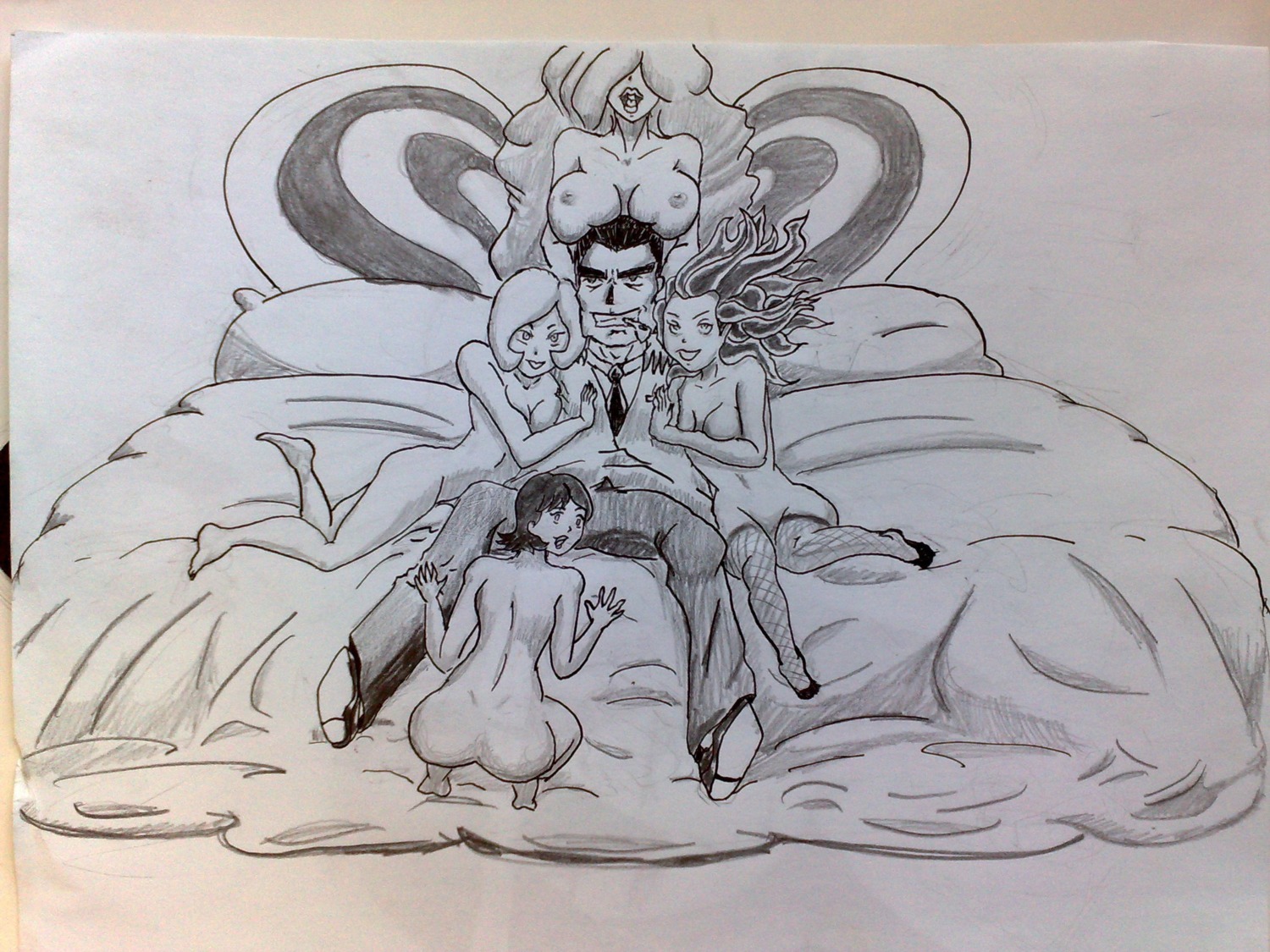 1boy 4girls alpha_male bed bedroom cartoon_network clothed_male_nude_female completely_nude dilf dominant_male erect_penis female harem ima_goodlady male monochrome ms._keane multiple_females multiple_girls nude nude_female on_bed penis powerpuff_girls professor_utonium rule34 sara_bellum sedusa single_dad smiling straight