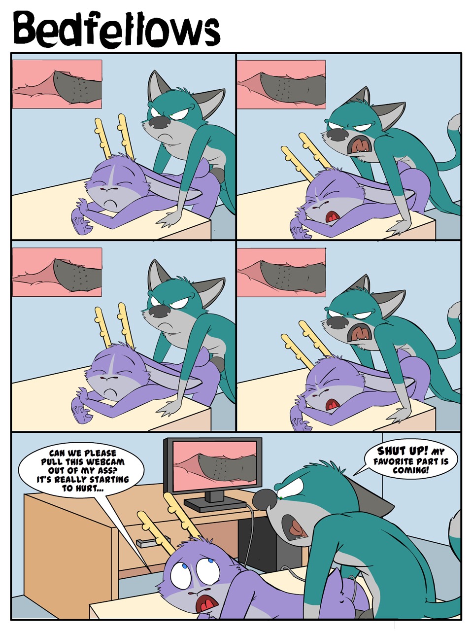 anal anal_penetration angry angry_sex anthro antlers bedfellows bent_over black_penis butt camera_view canid canine canis close-up comic computer cutaway desk dialogue domestic_cat domestic_dog duo e621 electronics english_text erection eyes_closed fatigue_(bedfellows) felid feline felis from_behind_position fur furniture genitals grey_body grey_fur hi_res horn humor hybrid inside internal jackalope knot lagomorph lol_comments looking_back male male/male male_penetrated male_penetrating male_penetrating_male mammal multiple_scenes open_mouth pain painful_penetration penetration penis picture_in_picture purple_body purple_fur sex sheen_(bedfellows) shenanigans table tail text tongue