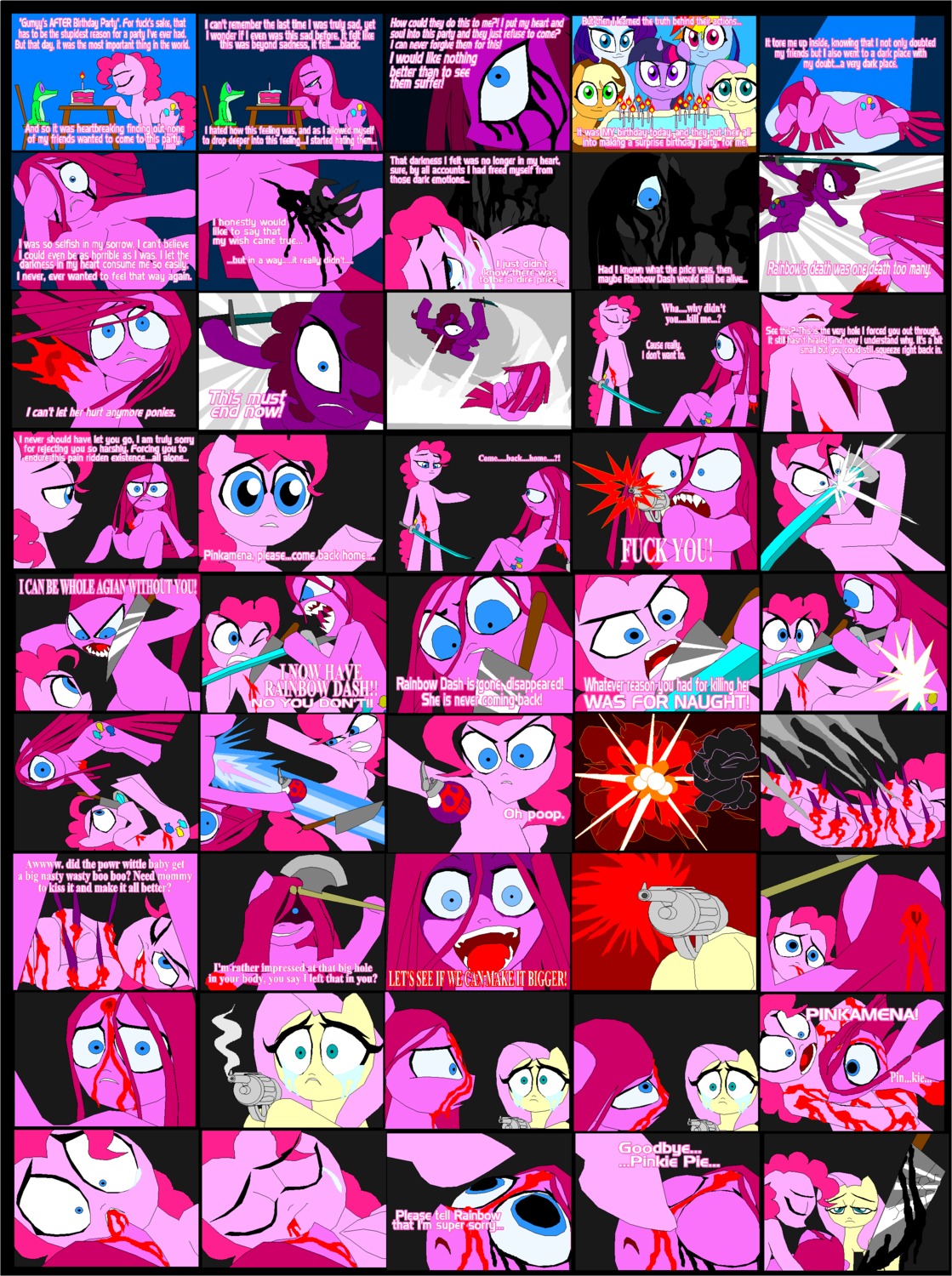 2012 absurd_res angry axe blood blue_eyes bodily_fluids border comic crying death dialogue e621 earth_pony english_text equid equine female feral fluttershy_(mlp) friendship_is_magic fur gore group gun hair hasbro hi_res horse knife mammal melee_weapon my_little_pony pink_body pink_fur pink_hair pinkamena_(mlp) pinkie_pie_(mlp) pony quadruped ranged_weapon shot_in_head square_crossover sword tail tears text tyrranux weapon white_border yellow_body yellow_fur