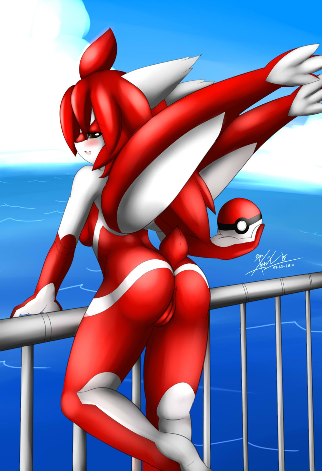 2010 anthro anthrofied anus biped blush breasts butt e621 female generation_3_pokemon genitals hair hi_res latias legendary_pokemon looking_at_viewer looking_back markings mnxenx001 nintendo nude pokeball pokemon pokemon_(species) pokemorph red_body red_hair side_boob smile solo standard_pokeball vulva yellow_eyes