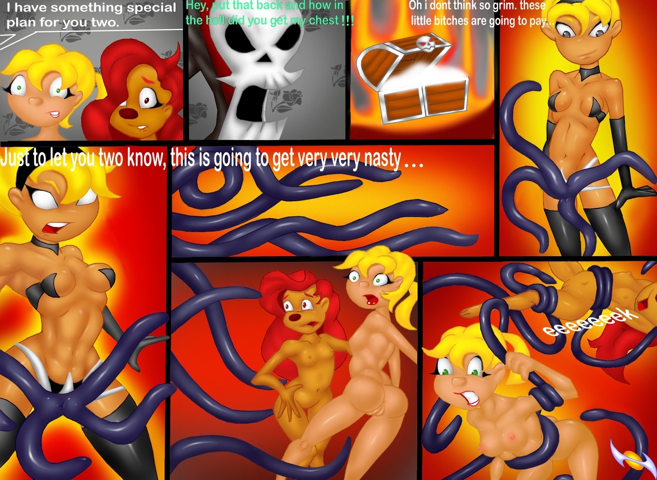 3girls ass blonde_hair breasts cartoon_network clenched_teeth crossover disney female goof_troop hourglass_figure mandy mandy_(billy_and_mandy) multiple_females multiple_girls open_mouth possession pussy restrained roxanne_(goof_troop) rule34 tentacle tentacle_rape the_grim_adventures_of_billy_and_mandy vlade