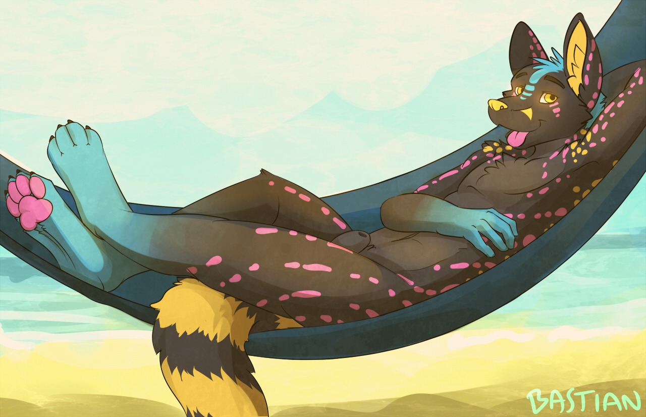 animal_genitalia anthro beach cloud digital_media_(artwork) e621 fully_sheathed genet genitals gloves_(marking) hammock harke higsby leg_markings looking_at_viewer male mammal markings myckal nude outside seaside sheath sky smile socks_(marking) solo tail tongue tongue_out viverrid