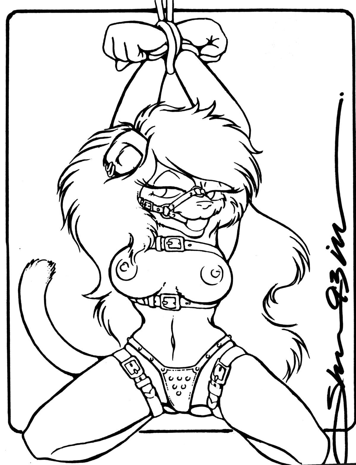 1993 absurd_res anthro ball_gag bdsm biped black_and_white bondage bound breasts chastity_belt chastity_device e621 ear_piercing felid female gag gagged half-closed_eyes halter harness harness_ball_gag harness_gag hi_res king-cheetah kneeling leather looking_at_viewer mammal monochrome muzzle_(object) narrowed_eyes nipples piercing solo submissive submissive_female tail yonic_chastity_device