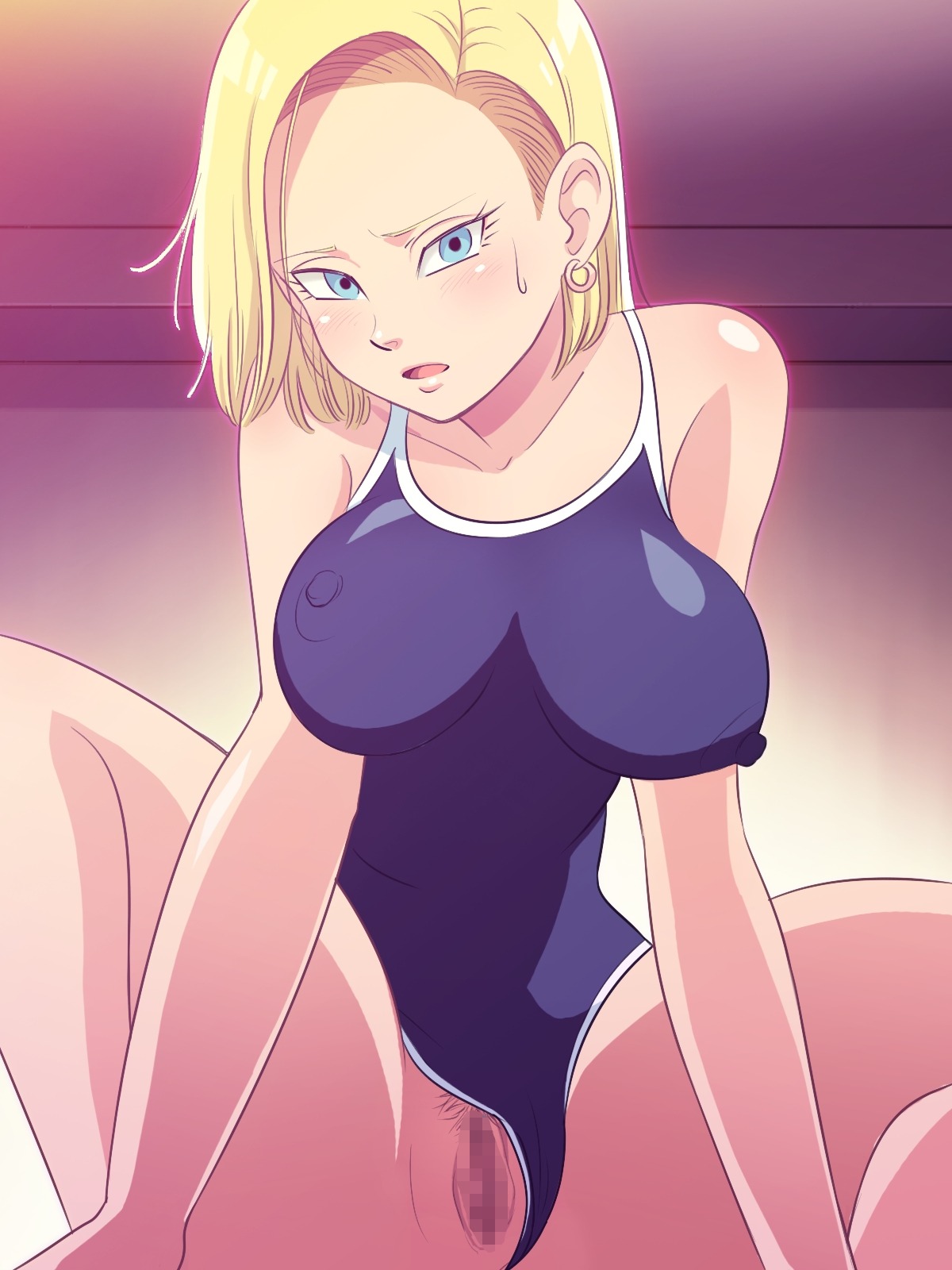 android_18 blonde_hair blue_eyes blush breasts censored dragon_ball dragon_ball_z earrings erect_nipples erodon_hearts female female_only hair human large_breasts looking_at_viewer nipples open_mouth pubic_hair pussy rule34 short_hair solo spread_legs straight_hair sweatdrop swimsuit