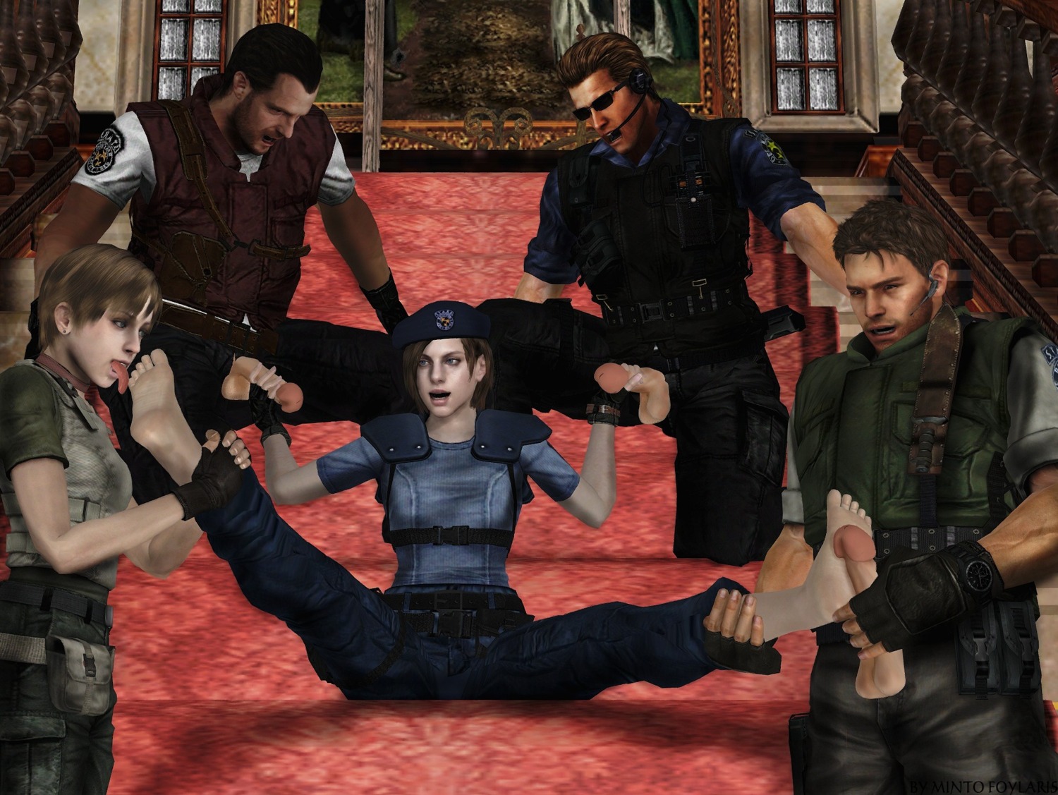3d albert_wesker barry_burton capcom chris_redfield female gangbang human jill_valentine jill_valentine_(julia_voth) male mintofoularis rebecca_chambers resident_evil resident_evil_remake rule34 straight