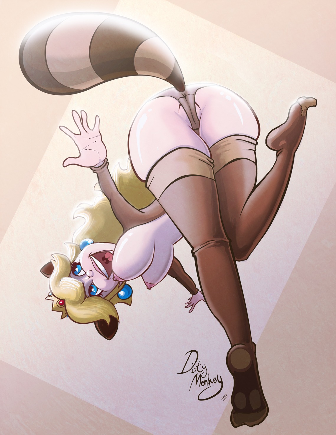 1girls apple_butt areola ass blonde_hair blue_eyes breasts busty cleavage crown earrings erect_nipples female huge_breasts long_hair mario_(series) nintendo nipples no_bra open_mouth princess_peach rule34 smile stockings super_mario_bros._3 tanooki_peach tanooki_suit thedirtymonkey thighhighs top-down_bottom-up topless voluptuous
