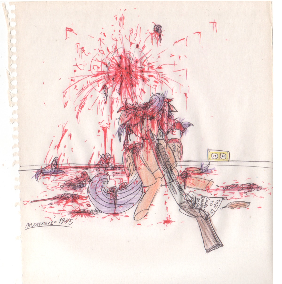 blood blood_splatter bodily_fluids brain colored_pencil_(artwork) death e621 equid equine feathered_wings feathers female feral friendship_is_magic fur gore grotesque_death gun hasbro hi_res mammal mercenario1945 mixed_media my_little_pony mythological_creature mythological_equine mythology orange_body orange_fur organs paper pegasus pen_(artwork) ranged_weapon scootaloo_(mlp) shotgun solo suicide traditional_media_(artwork) violence weapon wings