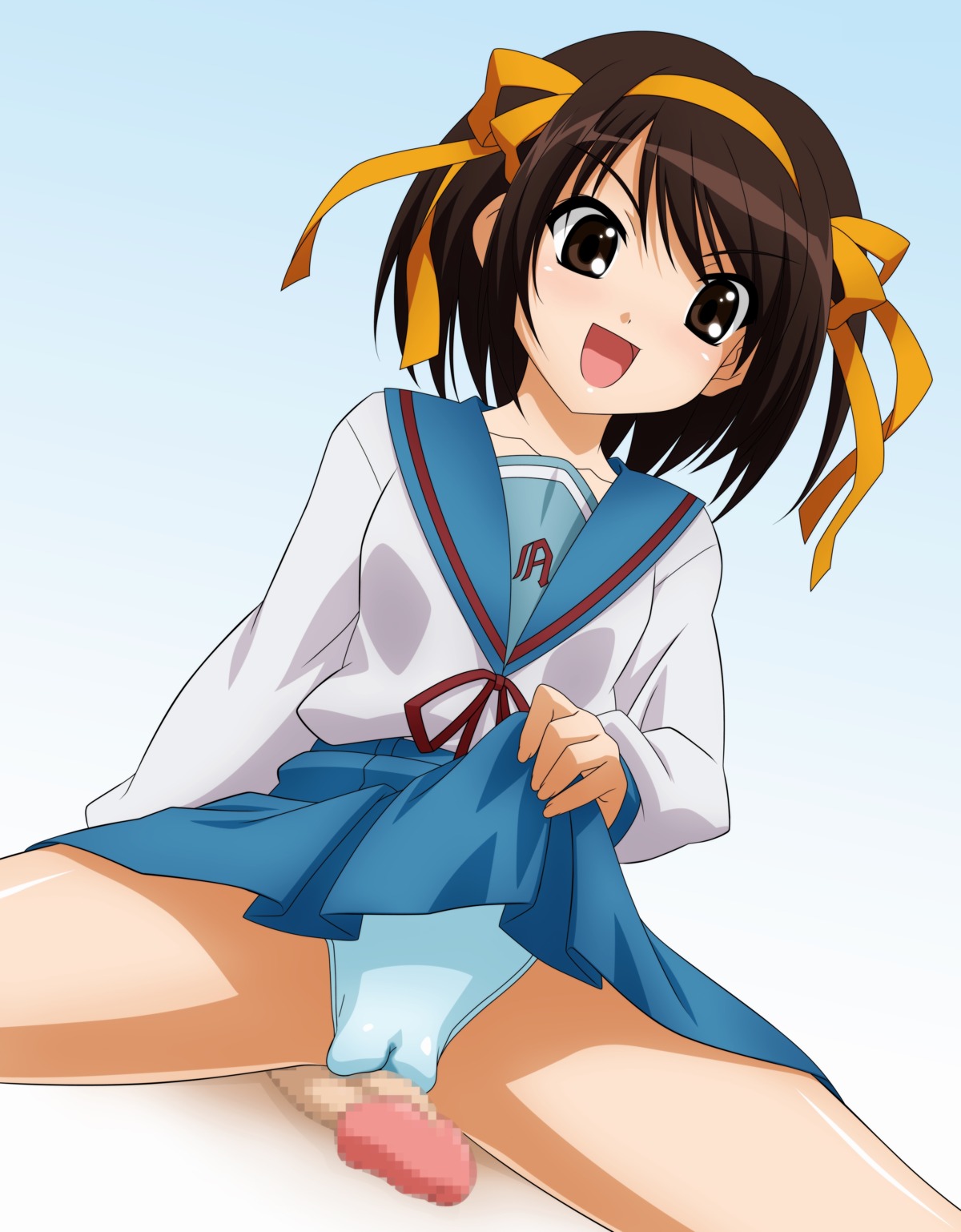 breasts brown_hair cameltoe censored clothing female grinding hair_ribbon hair_ribbons high_resolution love_bulge male mosaic_censoring outercourse panties penis pussy pussy_juice ribbon ribbons rule34 school_uniform serafuku short_hair skirt skirt_lift small_breasts sugimura_tomokazu suzumiya_haruhi suzumiya_haruhi_no_yuuutsu underwear wet wet_panties