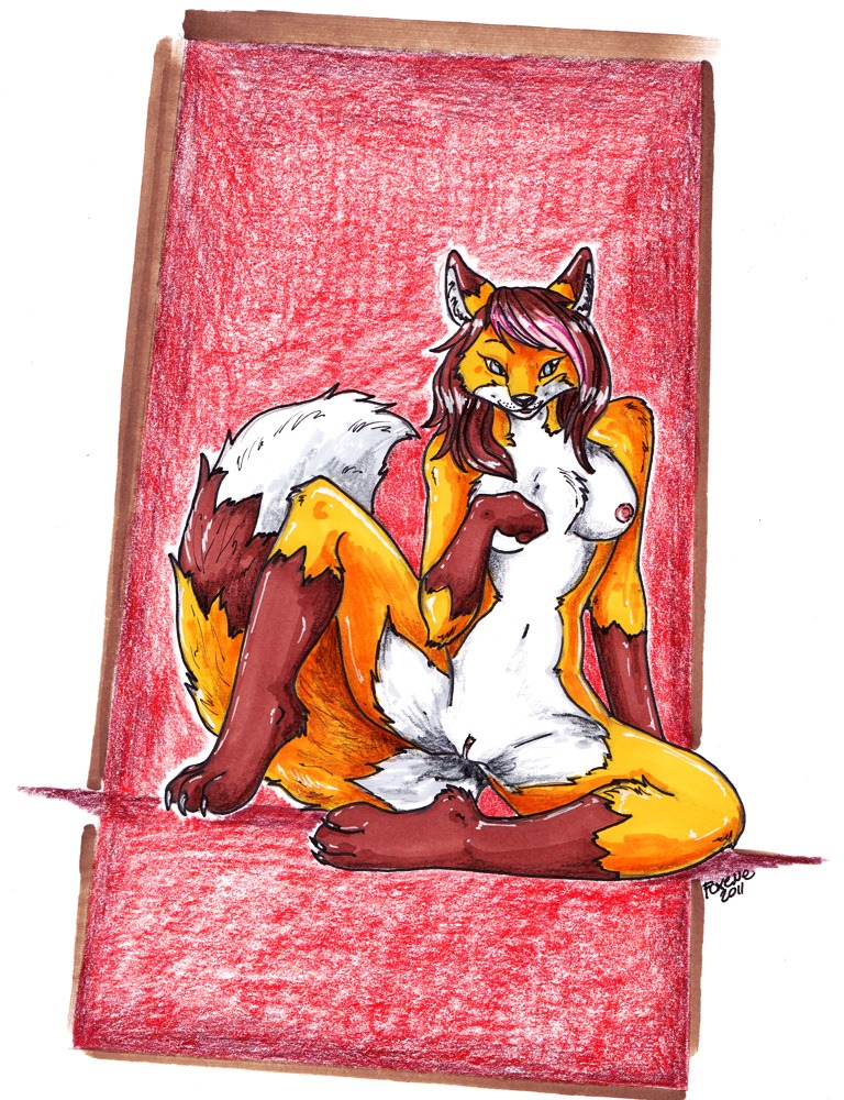 2011 anthro belly biped breasts canid canine chest_tuft dipstick_tail e621 female fox foxene fur genitals hair looking_at_viewer mammal markings multicolored_tail nipples nude pinup pose red_hair sitting solo spread_legs spreading tail tail_markings traditional_media_(artwork) tuft vulva white_belly white_body white_fur yellow_body yellow_fur
