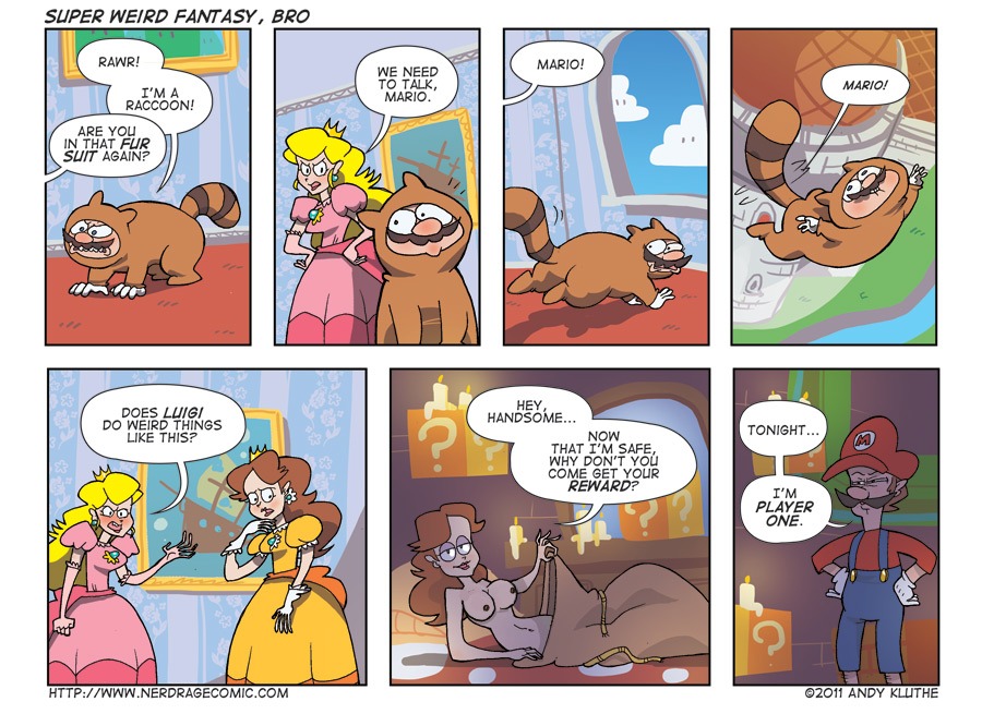 breasts color comic cosplay day edit female humor indoors luigi male mario mario_(cosplay) mario_(series) multiple_females multiple_males nerd_rage nintendo nipples outdoors princess_daisy princess_peach rule34 super_mario_3d_land super_mario_bros. tanooki_mario tanooki_suit