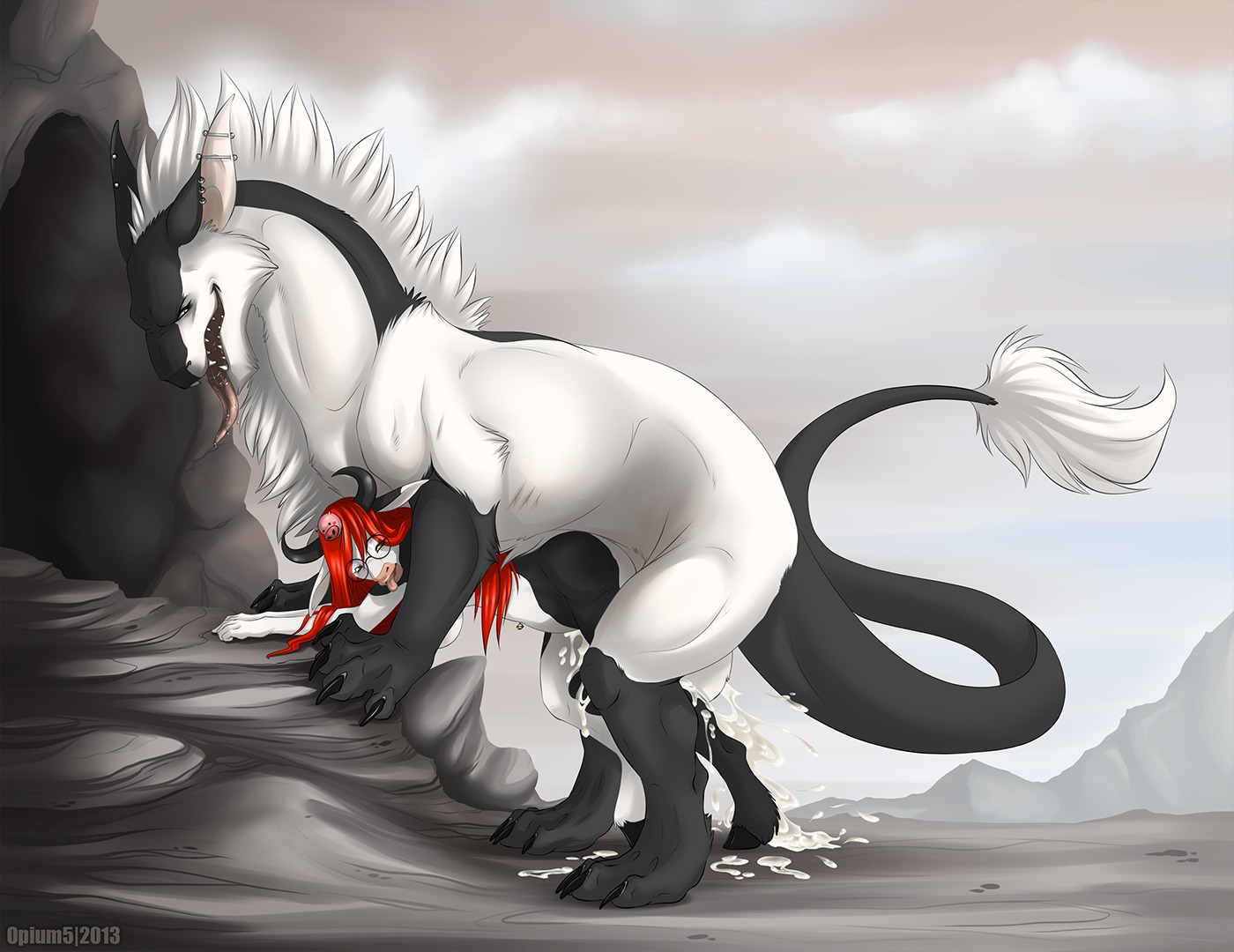 anthro anthro_on_feral anthro_penetrated balls bestiality big_balls bodily_fluids bovid bovine cattle cloud cum cum_inside dominant dragon duo e621 ear_piercing excessive_cum excessive_genital_fluids female female_on_feral female_penetrated feral feral_penetrating feral_penetrating_anthro from_behind_position fur furred_dragon furred_scalie genital_fluids genitals hair horn interspecies larger_dom larger_male letycia male male/female male_on_anthro male_penetrating male_penetrating_female mammal messy mountain muscular mythological_creature mythological_scalie mythology navel navel_piercing opium5 outside penetration phobos_(jelomaus) piercing red_hair saliva scalie sex size_difference sky smaller_female smaller_penetrated tail tongue tongue_out