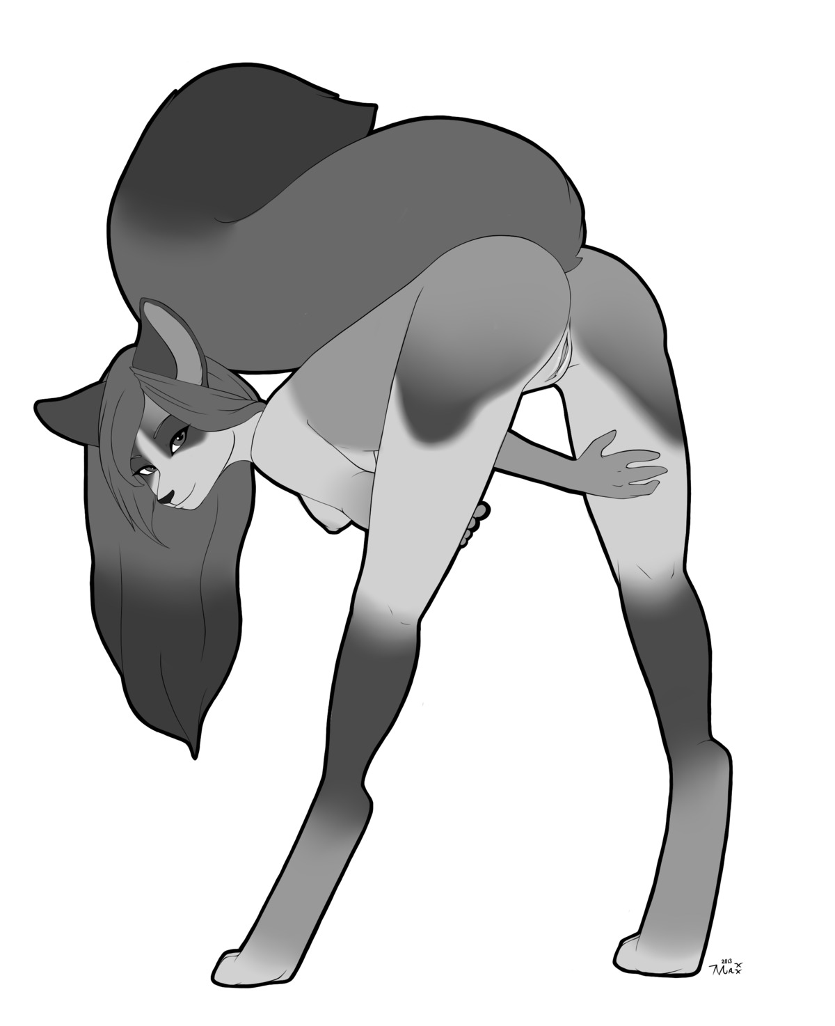 2013 absurd_res anthro bent_over biped breasts butt digitigrade domestic_cat e621 felid feline felis female genitals greyscale hair hi_res hybrid looking_at_viewer looking_back mammal monochrome nipples nude presenting presenting_hindquarters presenting_vulva raised_tail reina. simple_background solo standing tail vulva white_background