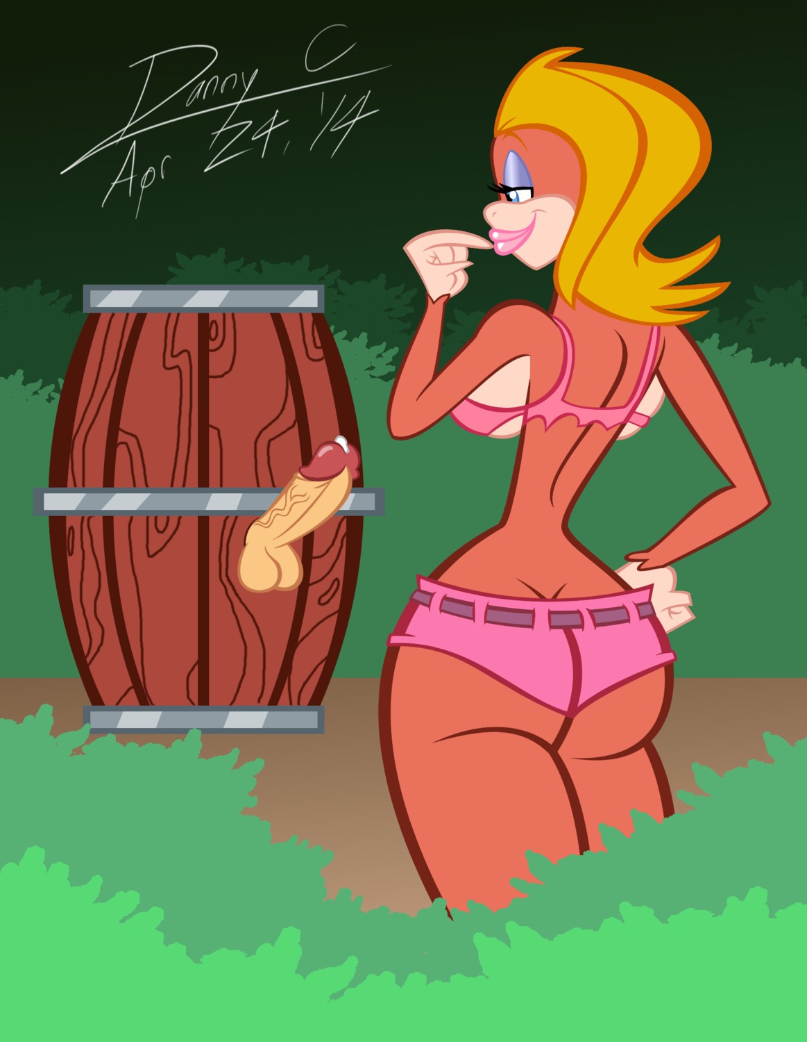 2014 anthro ape barrel big_breasts big_butt big_penis blonde_hair blu3danny bodily_fluids breasts butt candy_kong clothed clothing cum donkey_kong_(series) duo e621 erection female forest genital_fluids genitals glory_hole hair haplorhine hi_res huge_breasts huge_butt jungle kong lipstick makeup male mammal nintendo outside penis plant primate thick_thighs tree wide_hips