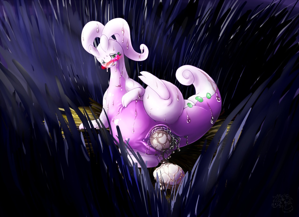 2014 2_toes anus blush bodily_fluids butt dragon e621 egg eyelashes feet female feral gastropod generation_6_pokemon genital_fluids genitals goodra grass green_eyes happy hauru looking_at_viewer mollusk mythological_creature mythological_scalie mythology night nintendo nude outside oviposition plant pokemon pokemon_(species) raised_arm raised_leg scalie slightly_chubby slime smile solo spread_legs spreading sweat tail toes vaginal_fluids vulva