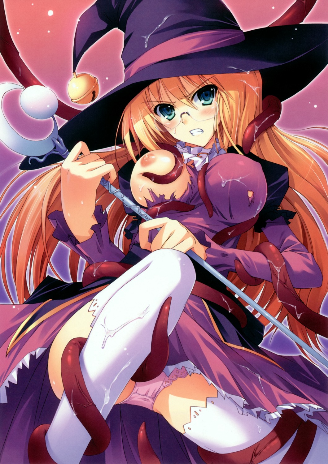 1girls female female_only megane mugenkidou nipples oppai panties rule34 solo_focus tentacle thighhighs tomose_shunsaku torn_clothes witch