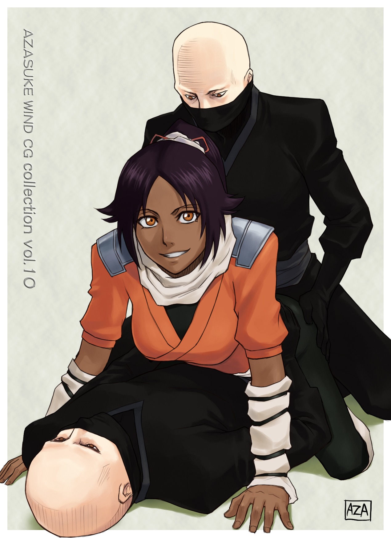 1girls 2boys all_fours ass ass_grab azasuke bald bleach brown_eyes clothed_sex dark-skinned_female dark_skin double_penetration female gangbang grin groping group_sex highres interracial long_hair male multiple_boys ninja orange_eyes ponytail purple_hair rule34 sex shihouin_yoruichi smile straddle tied_hair torso_grab