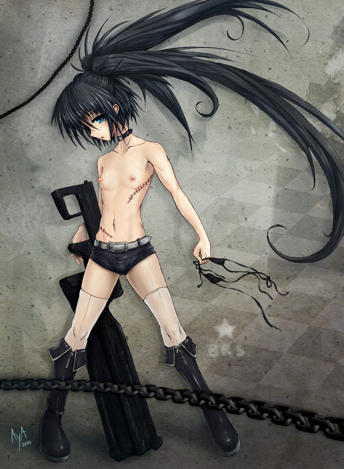 1girls aya_(thon2hk) bad_pixiv_id belt black_choker black_hair black_rock_shooter black_rock_shooter_(character) black_shorts blue_eyes boots breasts choker female long_hair nipples rule34 shorts small_breasts solo topless twintails uneven_twintails
