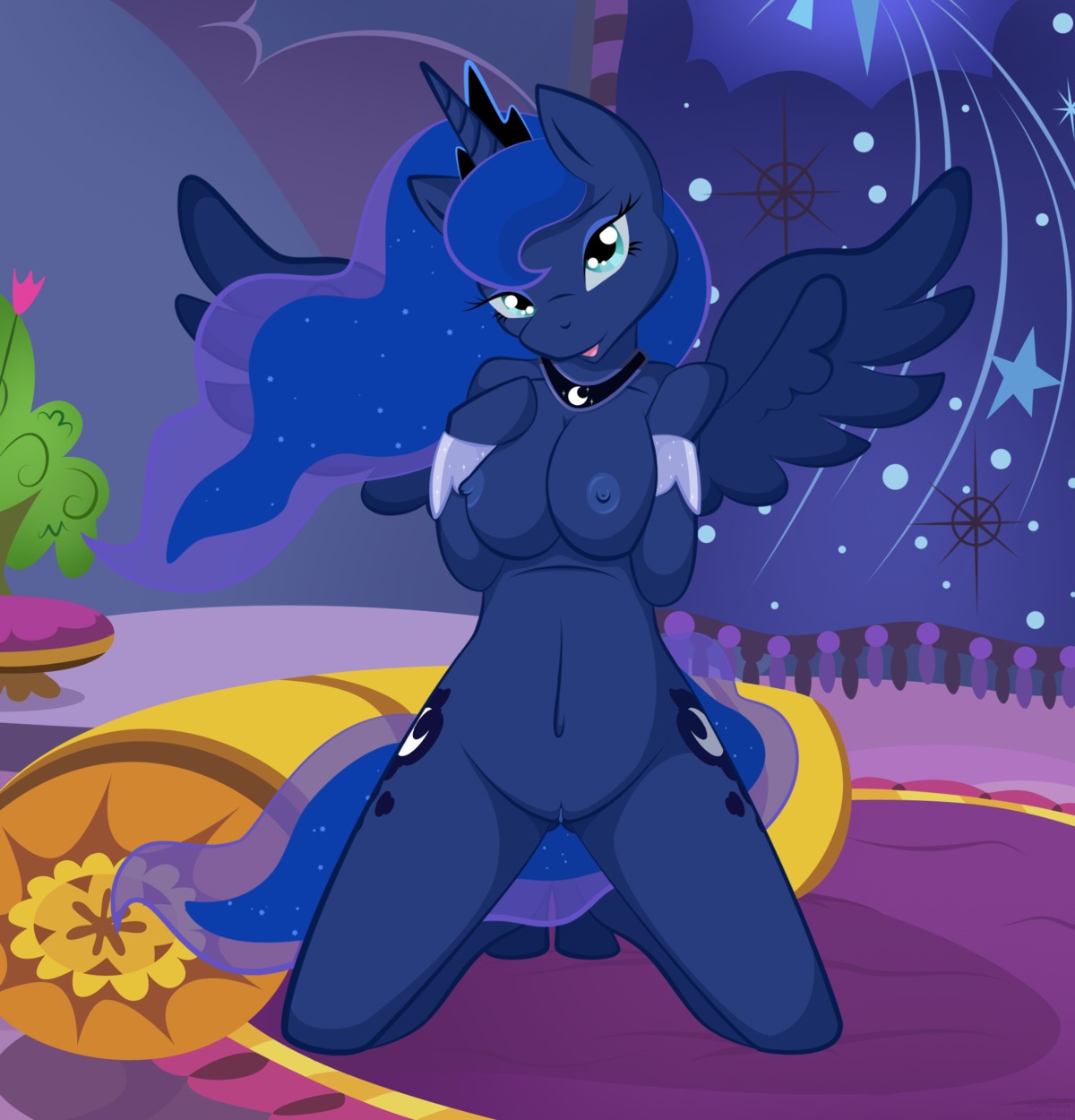 2011 alternate_form anthro anthrofied bedroom_eyes biped blue_body blue_eyes blue_feathers blue_hair breasts cosmic_hair crown cutie_mark digital_media_(artwork) e621 equid equine ethereal_hair eyelashes feathered_wings feathers female friendship_is_magic genitals hair half-closed_eyes happy hasbro headgear hi_res horn inside kneeling long_hair looking_at_viewer mammal my_little_pony mythological_creature mythological_equine mythology narrowed_eyes naughty_face nipples nude open_mouth open_smile pinup pose princess_luna_(mlp) seductive short_hair smile solo starry_hair tail thick_thighs vulva whitmaverick winged_unicorn wings
