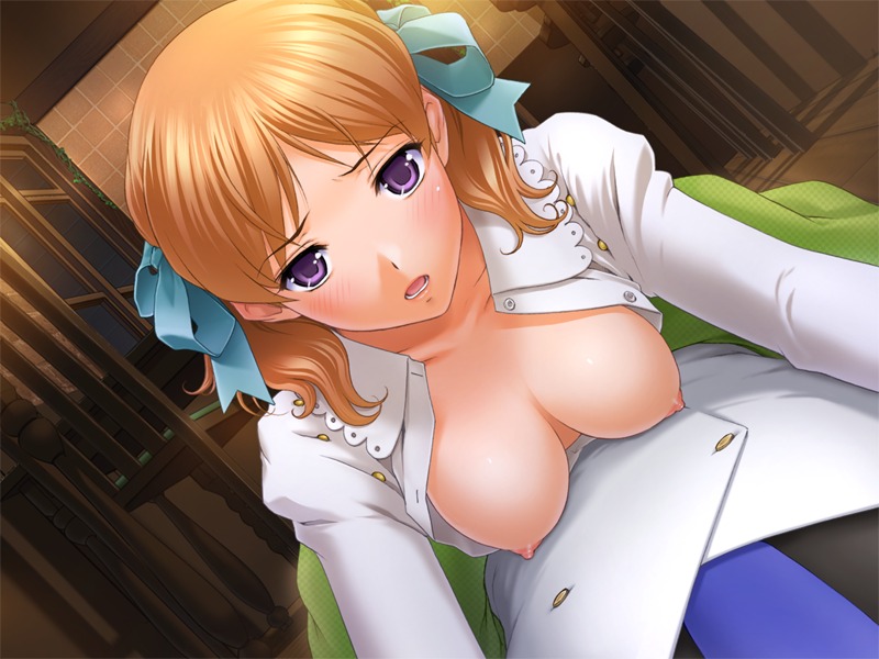 blush breasts female game_cg kusakabe_rurune majodou open_clothes open_shirt purple_eyes rule34 sano_toshihide shirt short_hair