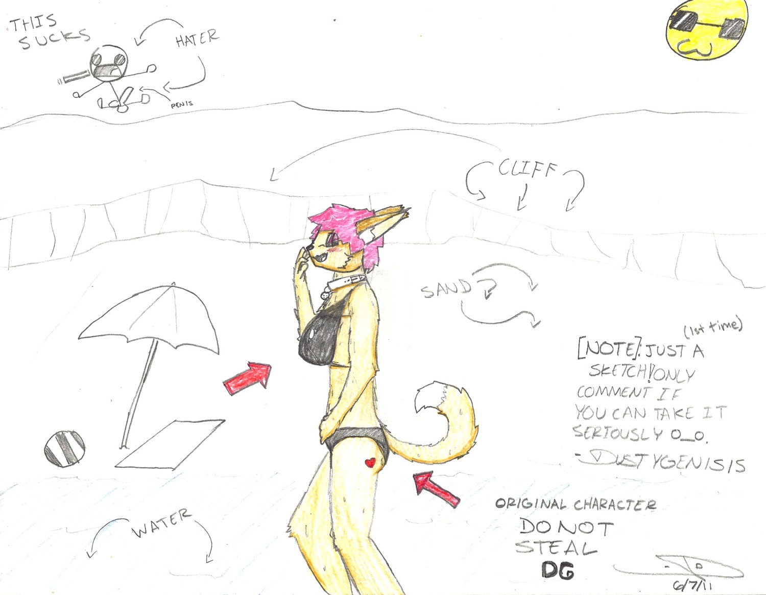 :3 ball beach beach_umbrella bikini biped breasts clothed clothing collar colored_sketch covering covering_mouth covering_own_mouth covering_self directional_arrow duo dustygenisis e621 english_text female fur genitals hair heart_(marking) heart_symbol hi_res male mammal markings original_character_do_not_steal outside parasol penis pink_hair pose sea seaside simple_background sketch skimpy solo_focus stick_figure sun swimwear tail text tight_clothing two-piece_swimsuit water white_background