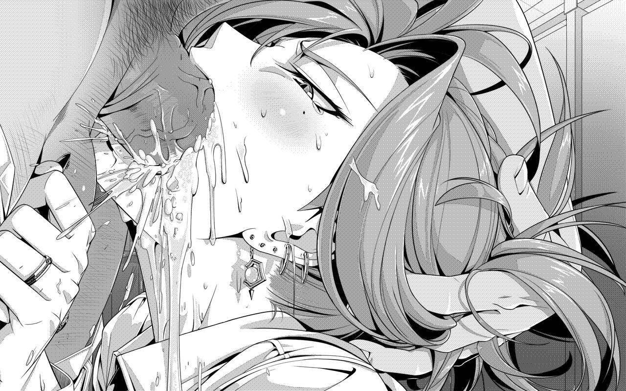 beauty_mark cum cum_drip cum_in_mouth cum_in_throat cum_inside cum_overflow deepthroat earrings ejaculation fellatio female hand_on_head head_grab irrumatio jewelry monochrome multiple_piercings oral original overflow rule34 schelz solo uncensored