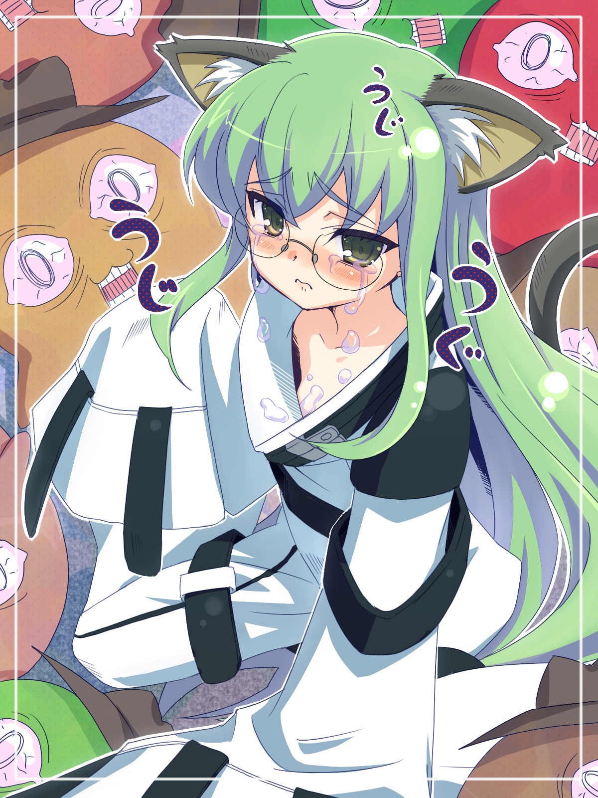 animal_ears c.c. cat_ears cheese-kun code_geass female glasses green_hair high_res highres long_hair megane osa_(osaosa) pizza_hut rule34 tail tear