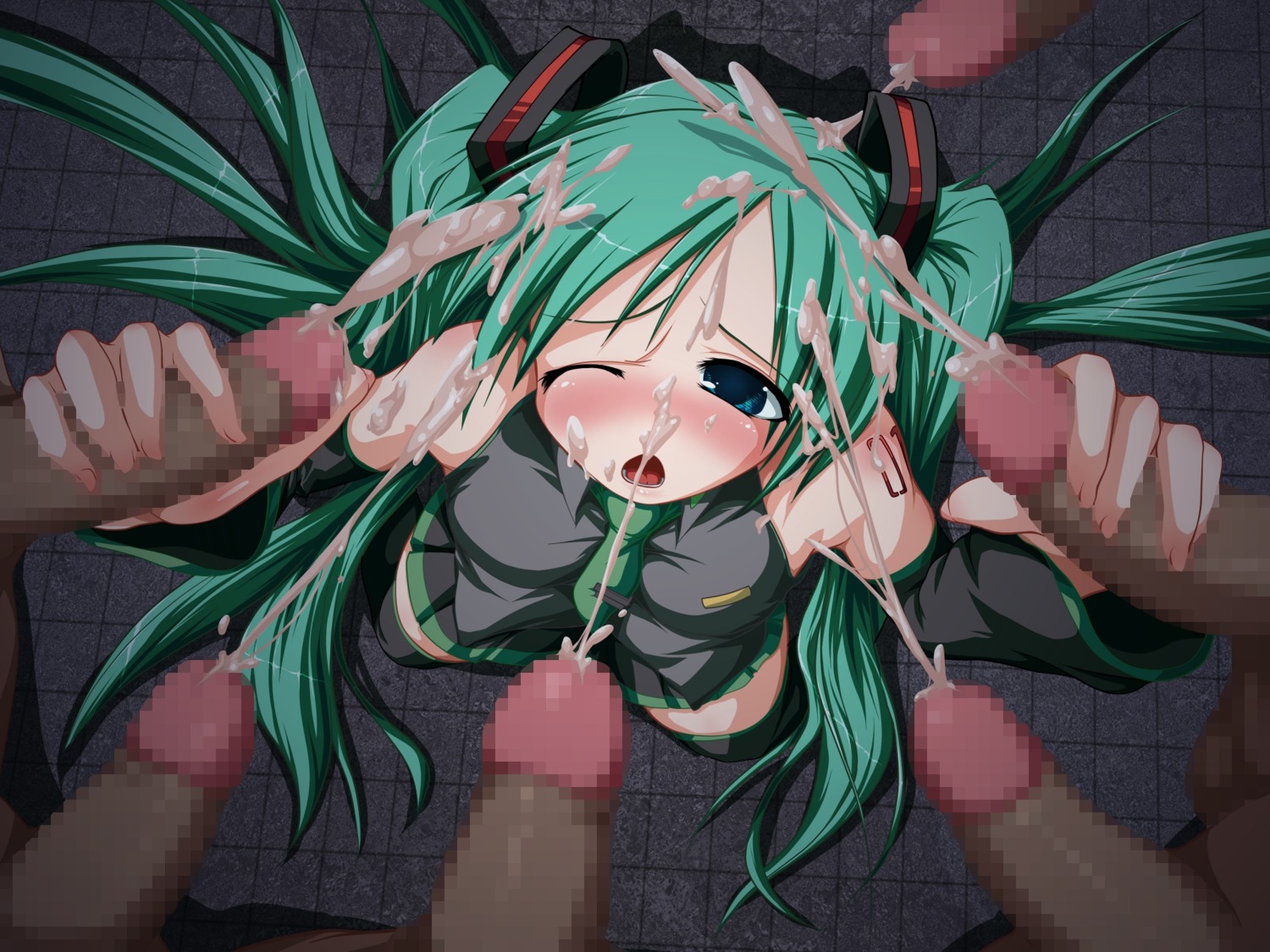 1girl 6+boys blush bukkake censored cum cum_on_hair detached_sleeves double_handjob ejaculation facial female gangbang green_hair group_sex handjob hatsune_miku hetero long_hair mosaic_censoring multiple_boys multiple_penises necktie one_eye_closed open_mouth penis rule34 solo_focus tagme thighhighs twintails very_long_hair vocaloid