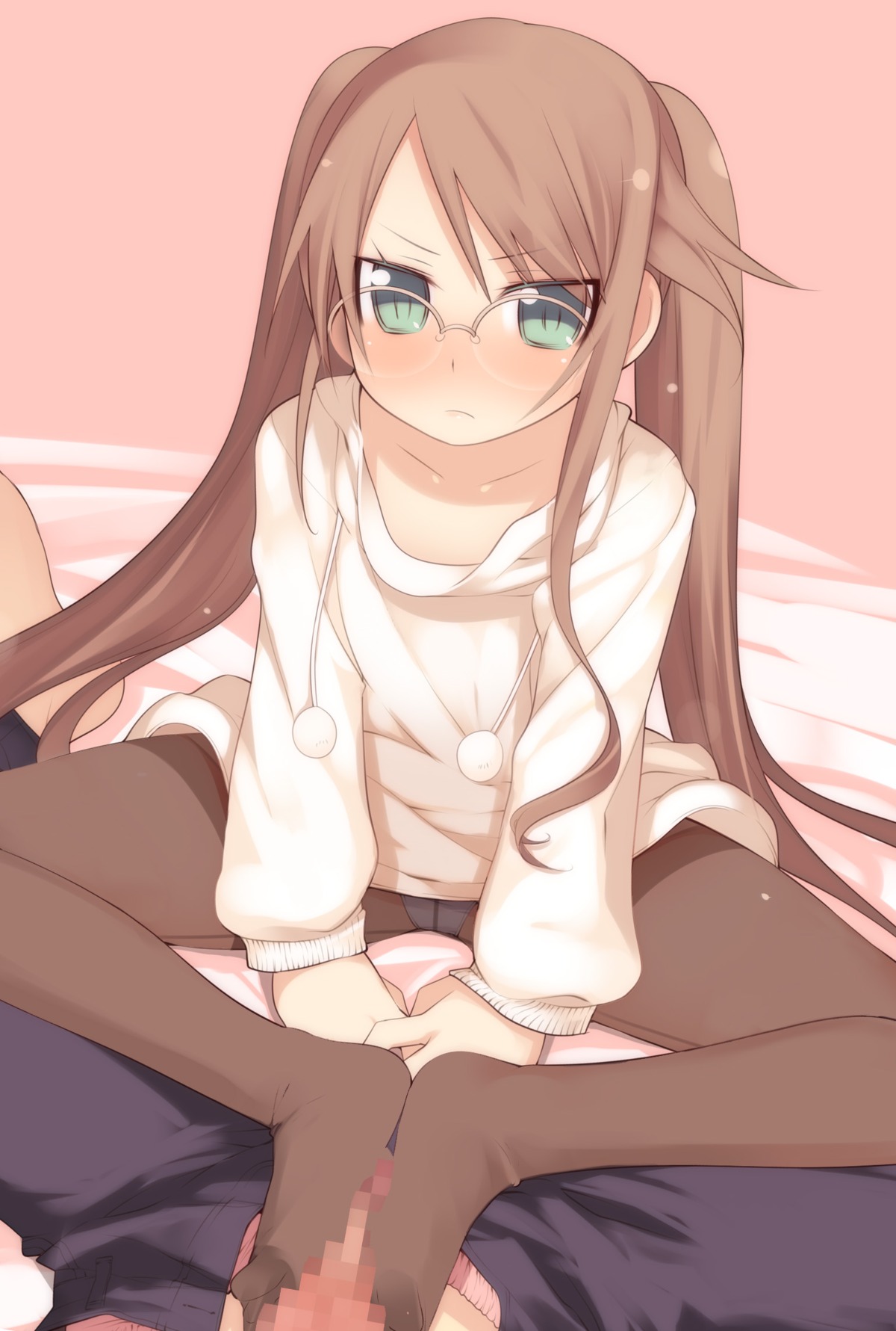 1boy 1girls arima_senka blush censored female footjob footjob_with_legwear glasses highres human kashiwamochi_yomogi male mosaic_censoring original panties pantyhose pantyshot penis pov rule34 sitting straight tied_hair twintails white_panties