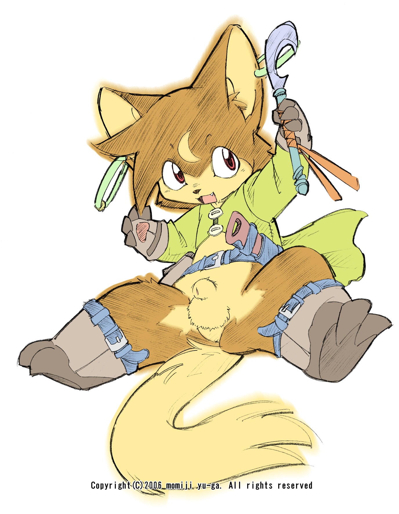 2006 animal_genitalia anthro anus balls belt boots bottomless canid canine canis clothed clothing domestic_dog e621 ear_piercing english_text footwear fox fully_sheathed genitals gloves handwear hi_res holding_object holding_weapon male mammal momiji_yu-ga piercing pink_eyes sheath shoes shota solo tail text weapon young young_anthro young_male