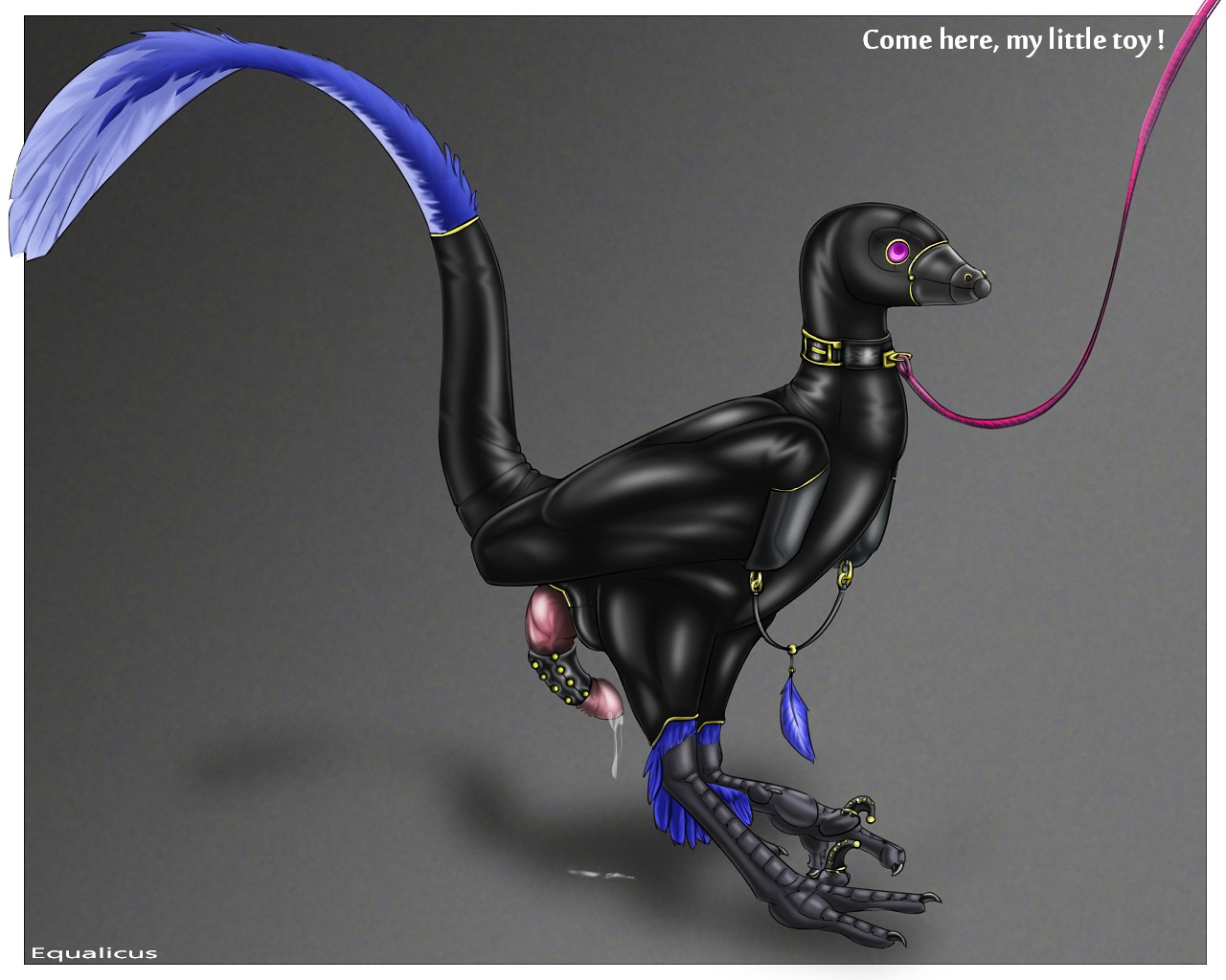 2014 5:4 bdsm biped blue_body blue_feathers bodily_fluids clothing cock_warmer collar cum cum_on_ground digitigrade dinosaur dromaeosaurid e621 equalicus erection feathered_dinosaur feathered_scalie feathers feral genital_fluids genitals leaking leather_suit male microraptor penis penis_clothing prehistoric_species pubic_boot reptile saurischian scalie solo tail theropod