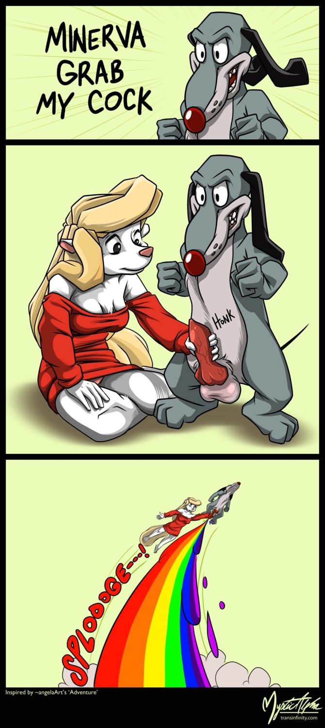 absurd_res adventure_(meme) anatomically_correct anatomically_correct_genitalia anatomically_correct_penis animal_genitalia animal_penis animaniacs anthro anthro_on_feral balls bestiality blonde_hair bodily_fluids canid canine canine_genitalia canine_penis canis clothing colored_cum comic cum dialogue digital_media_(artwork) domestic_dog dress duo e621 english_text erection female feral genital_fluids genitals hair handjob hi_res honk humor interspecies knot male male/female mammal meme minerva_mink mink mustelid musteline mysticalpha newt_(animaniacs) penile penis rainbow rainbow_cum sex text true_musteline unusual_bodily_fluids unusual_cum unusual_genital_fluids warner_brothers